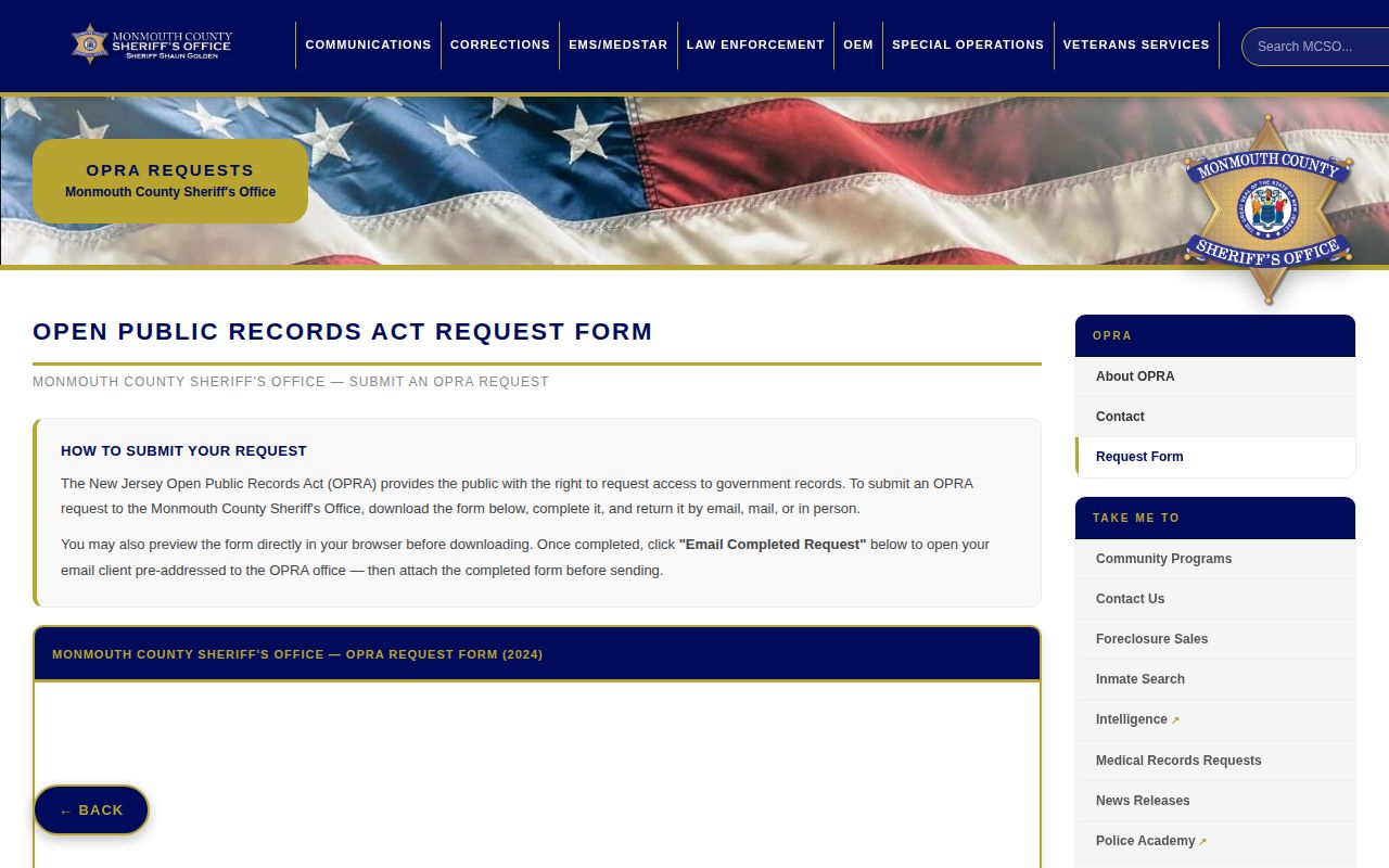 Monmouth County booking records request page